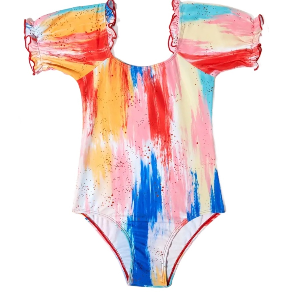 One-Piece Size 6 Swimwear Rainbow Ruffle Sleeved Bathing Swimsuit New